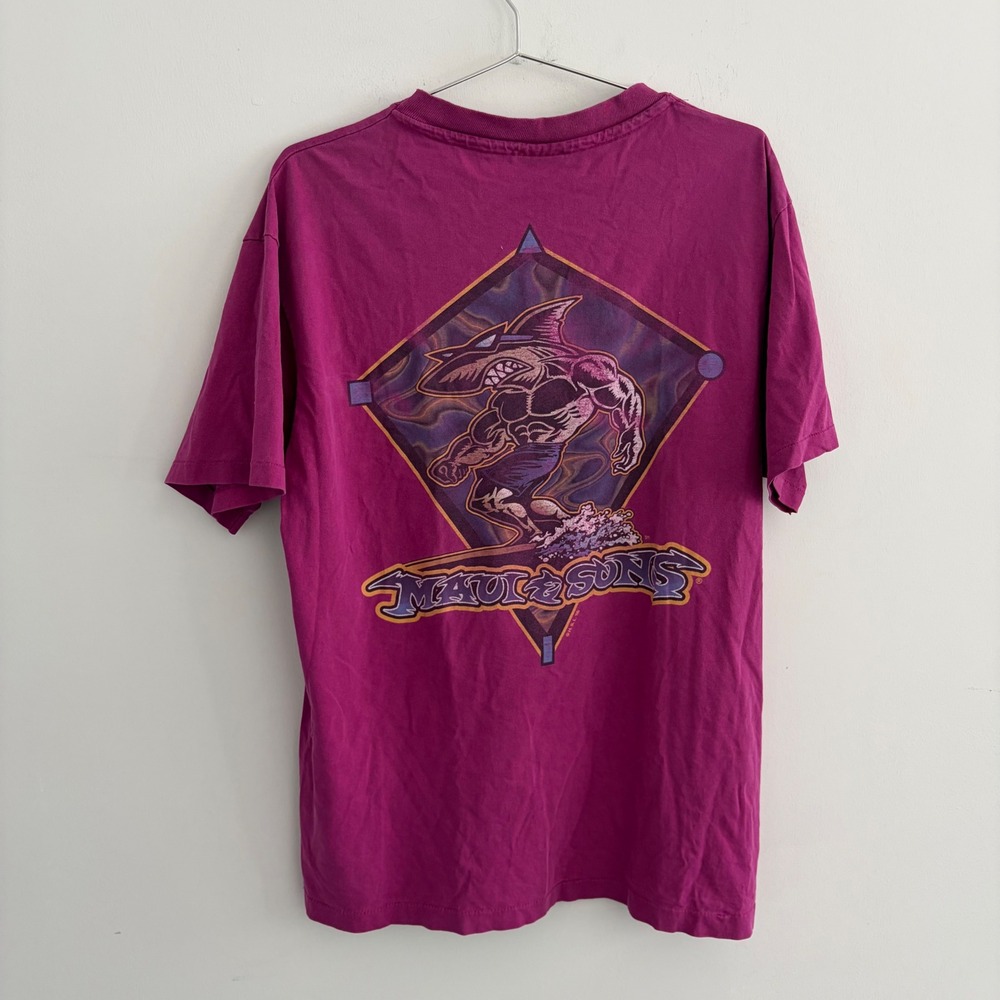 Vintage 90s Maui and Sons Shark Surf Graphic T Shirt XL Purple Made in USA
